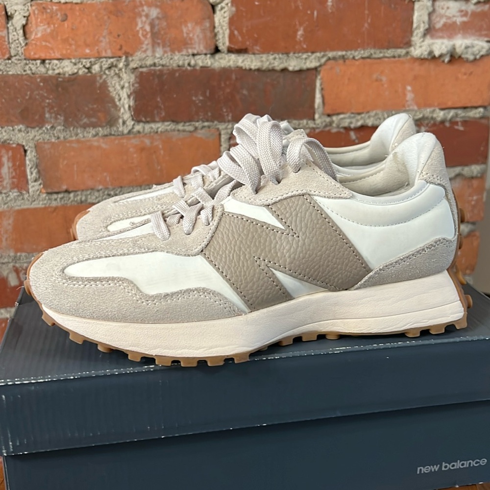 Off White with Taupe New Balance 327 Shoes